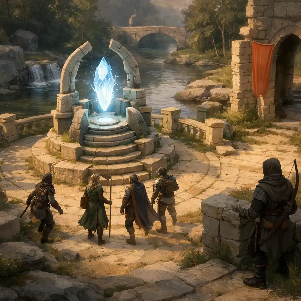 Csapat közelít egy folyóparti, központi kőemlékműhöz egy fantasy arénában