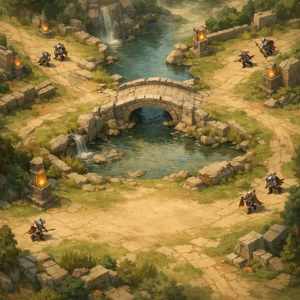 Összehangolt csapat halad egy központi cél felé egy fantasy MOBA térképen
