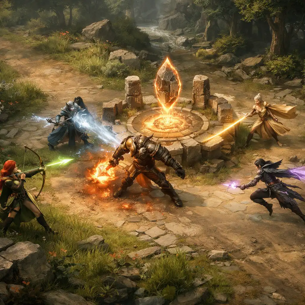 Csapatok közelednek egymáshoz egy erdős fantasy arénában